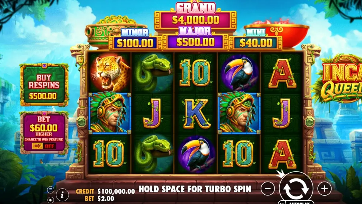 Tampilan visual gulungan permainan slot Inca Queen dengan latar belakang kuil Inca.