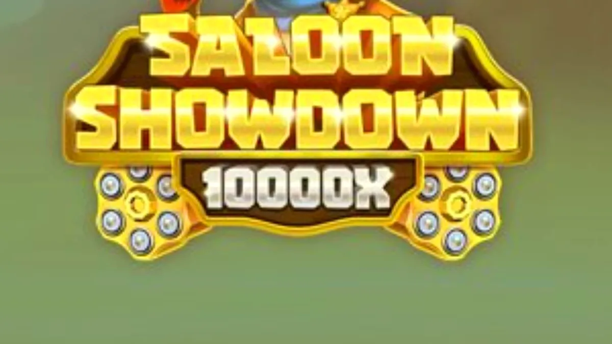 Tampilan visual slot Saloon Showdown 10,000x dengan karakter sheriff rubah dan latar belakang kota Wild West.