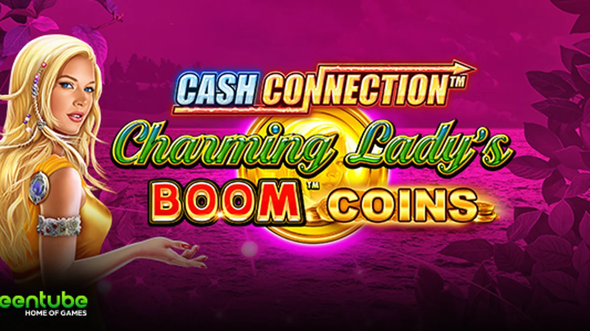 Tampilan visual slot Cash Connection Charming Lady’s Boom Coins dengan desain simbol yang menarik.